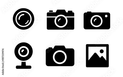 Silhouette icons of cameras and photography devices in minimalist style