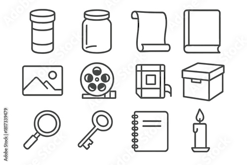 Memory Preservation Icons. Line style icons of Memory Preservation: Time Capsule, Jar, Scroll, Book; Photograph, Film Reel,