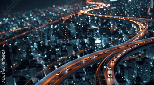 Dynamic cityscape at night with blurred lights creating vibrant energy for modern urban life or technological advancement concepts