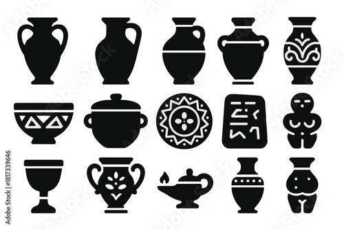 Solid Icons_ Ancient Pottery. Solid style icons of Ancient Pottery: Greek Amphora, Roman Jug, Egyptian Pot, Chinese Vase, Tribal