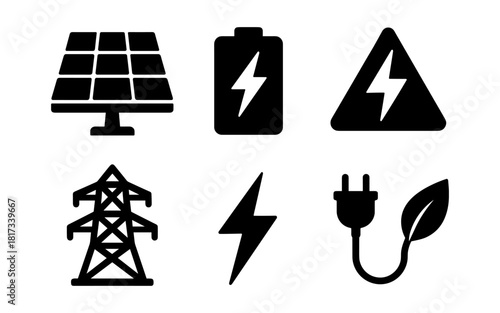 Energy icon set: solar panels, battery, plug, and power symbols in silhouette style