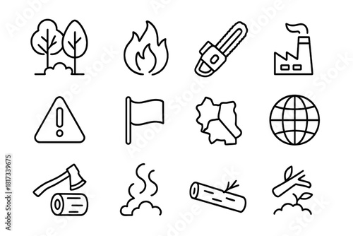 Environmental Challenges Icons. Line style icons of Environmental Challenges: Deforestation, Fire, Logging, Pollution; Chain Saw,