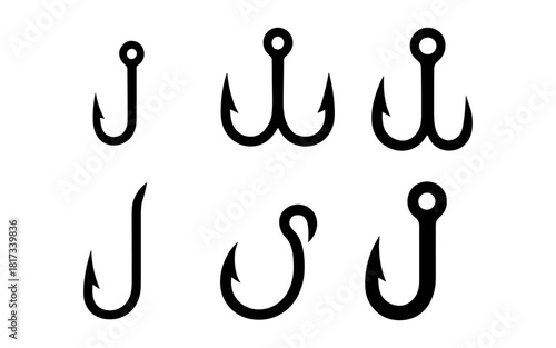 Minimalist fishing hook icons set for outdoor enthusiasts and designers