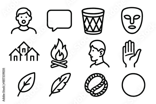 Oral Tradition Icons. Line style icons of Oral Traditions: Storyteller, Speech Bubble, Drum, Mask; Village, Campfire, Listener,