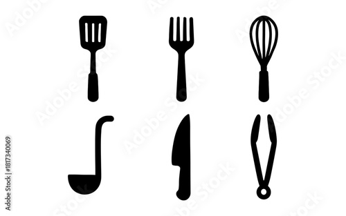 Black kitchen utensil icons set in minimal silhouette style