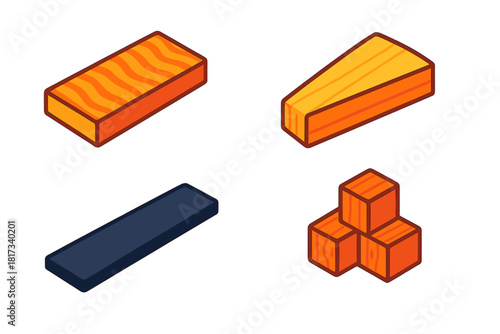 Tonewood Variety Illustration. Isometric vector illustration set Tonewood Varieties: Flamed maple blank, spruce soundboard wedge,