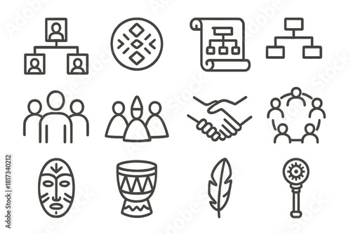 Ethnology Line Icons. Line style icons of Ethnology: Family Tree, Clan Symbol, Ancestry Scroll, Genealogy Chart; Group of People,