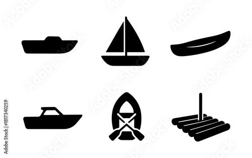 Nautical icons collection: sailboat, canoe, and more in silhouette style
