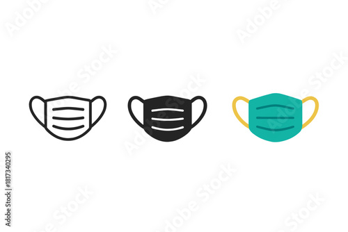 Minimal Masks Design. Minimalist medical mask icon: three identical protective face masks in a row, first in line style with thin