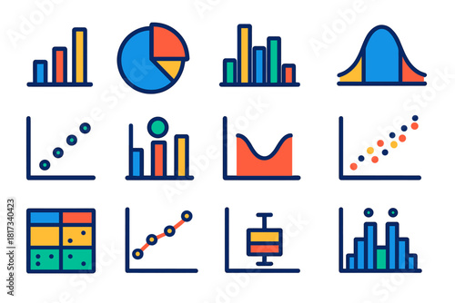 Modern Statistics Icons. Flat vector icons of statistics: bar chart, pie chart, histogram, probability curve, scatter plot, mean