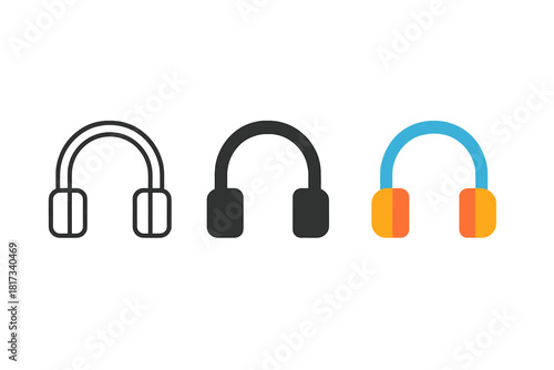Headphones Icon Trio. Minimalist headphones icon: three identical over-ear headphones in a row, first in line style with thin