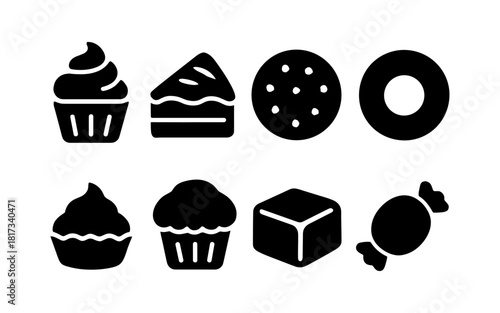 Silhouette icons of desserts and sweets: cupcakes, cake, cookies, donuts, muffins, candy