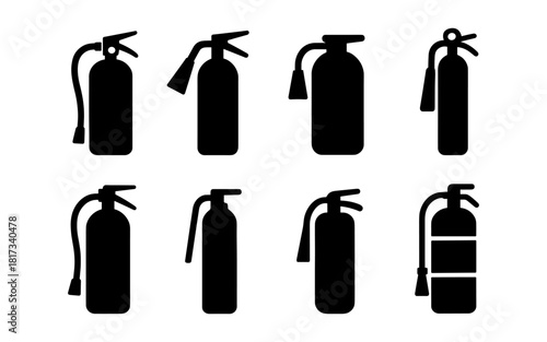 Silhouette collection of various fire extinguisher designs for safety graphics