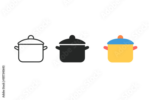 Minimalist Cooking Pots. Minimalist cooking pot icon: three identical pots with lids and handles in a row, first in line style