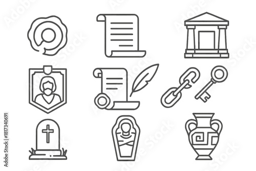 Archaeological Icon Set. Line style icons of Archaeological Mystery: Broken Seal, Imperial Document, Tomb, Forgotten Lineage;