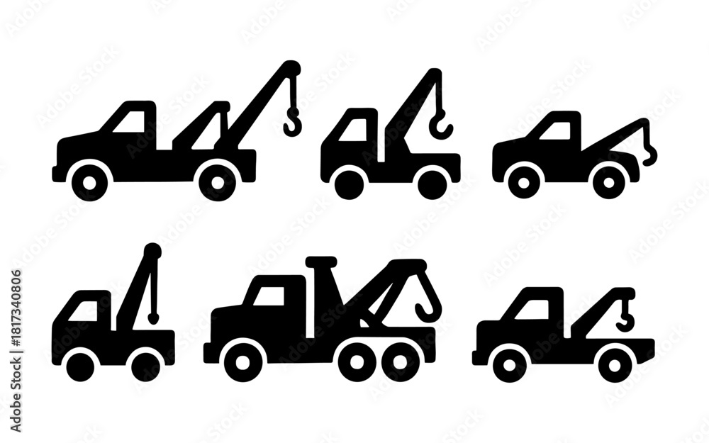Naklejka premium Silhouette tow trucks set with hooks and recovery equipment