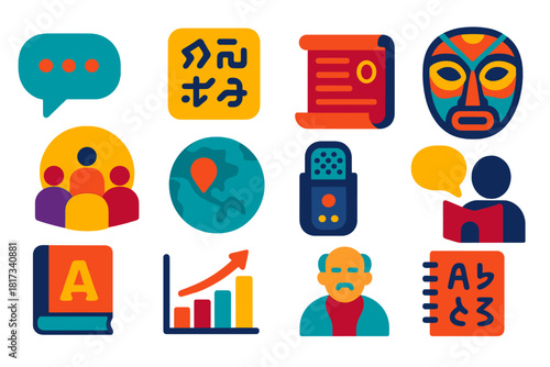 Endangered Language Icons. Flat vector icons of endangered languages: speech bubble, tribal script, ancient manuscript, cultural
