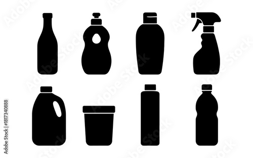 Collection of household cleaning and beverage bottles in silhouette style