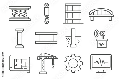 Seismic Engineering Icons. Line style icons of Seismic Engineering: Base Isolator, Shock Absorber, Building Frame, Bridge; Column,