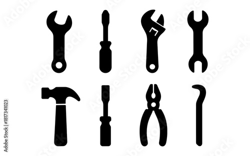 Set of silhouette tool icons: wrench, hammer, pliers, screwdriver for diy projects