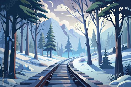 Snow-covered train tracks disappearing into the misty winter forest, cold season calm landscape with misty trees, calm atmospheric nature scene, calm desert mood and calm outdoor snowy environment.