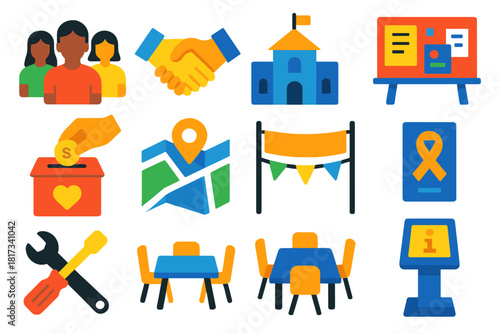 Community Engagement Icons. Flat vector icons of community engagement: volunteer group, handshake, town hall, community board,