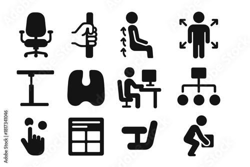 Ergonomics Icon Set. Solid style icons of ergonomics and user experience: ergonomic chair, hand gripping handle, posture diagram,
