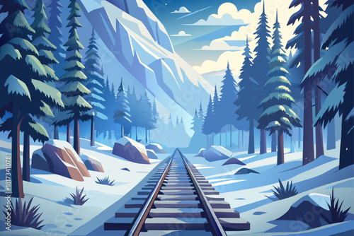 Snow-covered train tracks disappearing into the misty winter forest, cold season calm landscape with misty trees, calm atmospheric nature scene, calm desert mood and calm outdoor snowy environment.