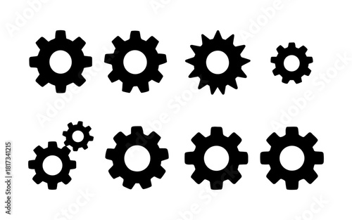 Set of silhouette gears in various shapes and sizes for mechanical design