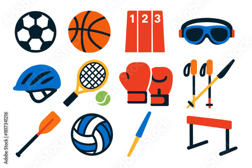 Competitive Sports Icons. Flat vector icons of competitive sports: soccer ball, basketball, track lane, swimming goggles, cycling