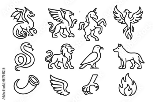 Mythical Creature Icons. Line style icons of Mythical Creatures: Dragon, Griffin, Unicorn, Phoenix; Serpent, Lion, Bird, Wolf;