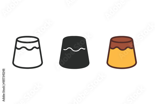 Minimalist Pudding Variations. Minimalist pudding dessert icon: three identical puddings with caramel topping in a row, first in