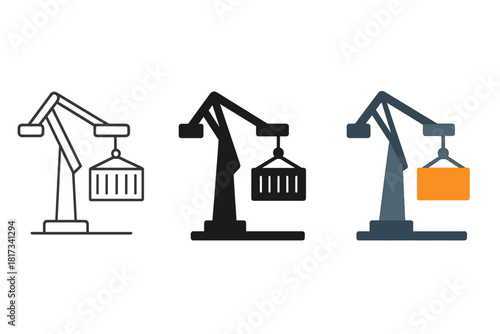 Minimalist Crane Icon. Minimalist crane cargo icon: three identical port cranes lifting containers in a row, first in line style