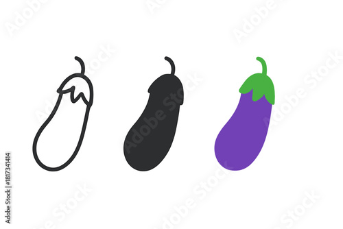 Eggplant Icon Trio. Minimalist eggplant vegetable icon: three identical eggplants with curved tops in a row, first in line style