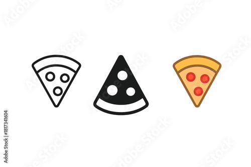 Minimalist Pizza Icons. Minimalist pizza slice fast food icon: three identical triangular pizza slices with toppings in a row,