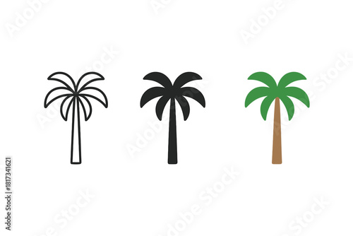 Stylized Palm Tree Trio. Minimalist palm tree icon: three identical palm trees with long trunks and leaves in a row, first in line