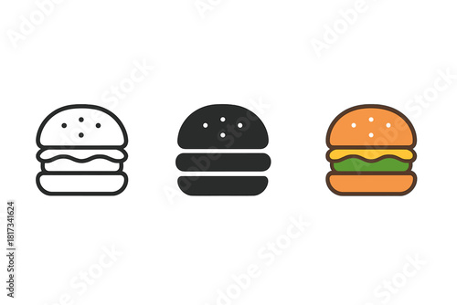 Burger Styles Icon. Minimalist burger fast food icon: three identical burgers with bun, patty, and layers in a row, first in line