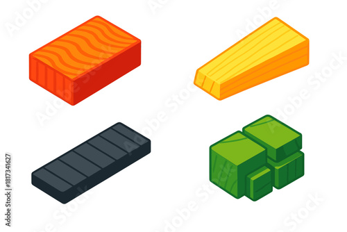 Tonewood Variety Illustration. Isometric vector illustration set Tonewood Varieties: Flamed maple blank, spruce soundboard wedge,