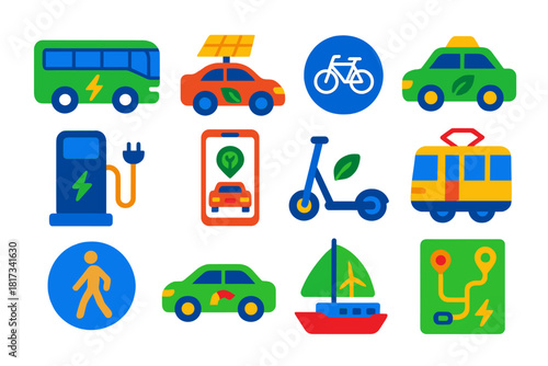 Sustainable Transport Icons. Flat vector icons of sustainable transportation: electric bus, solar-powered car, bicycle lane, green