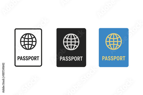 Minimalist Passport Icons. Minimalist passport travel icon: three identical passports with globe symbol on cover in a row, first