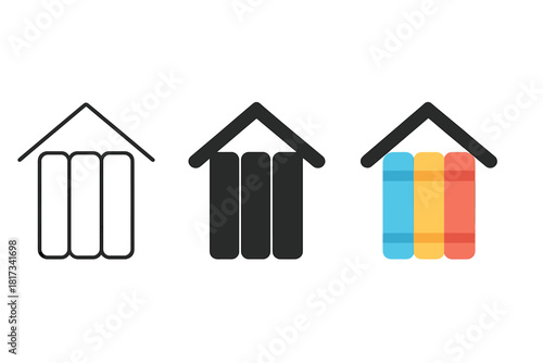 Minimalist Book Icons. Minimalist book home icon: three identical closed books with visible spines in a row, first in line style