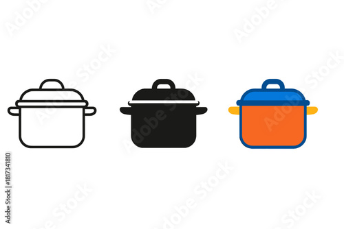 Minimalist Pot Icons. Minimalist pot cooking icon: three identical cooking pots with lids in a row, first in line style with thin