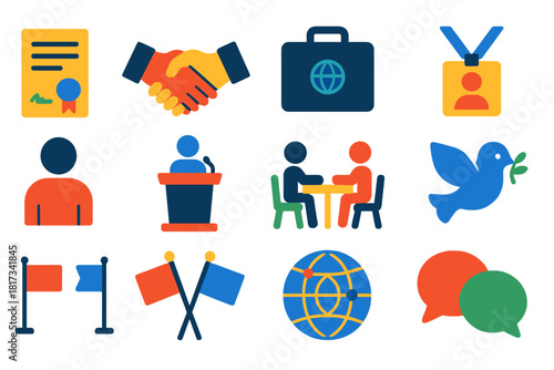 Diplomacy Icons Collection. Flat vector icons of diplomacy and negotiation: treaty document, handshake, diplomatic suitcase,