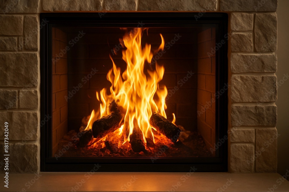 Fototapeta premium Enjoying the warmth of a cozy fireplace with dancing flames on a winter evening at home in a warmly lit living space