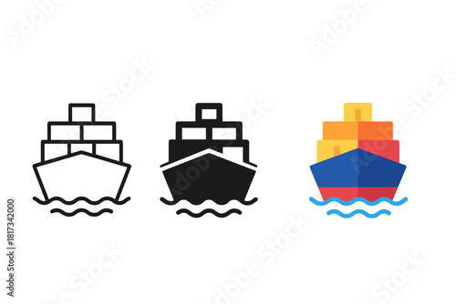 Minimalist Cargo Ship Icons. Minimalist cargo ship icon: three identical container ships with stacked boxes in a row, first in