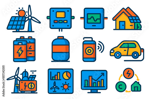 Hybrid Energy Icons. Flat vector icons of hybrid energy systems: solar-wind combo, microgrid controller, battery bank, inverter,