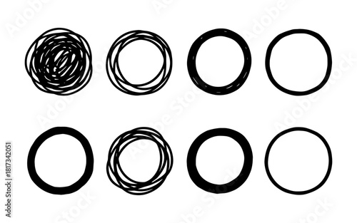 Hand-drawn circular designs: set of eight scribble and sketched circles