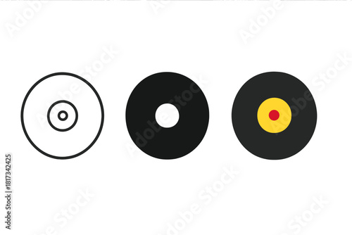 Minimalist Vinyl Icons. Minimalist vinyl record icon: three identical round vinyl discs with a small center hole in a row, first