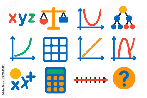 Algebra Icon Set. Flat vector icons of algebra: variable symbols, equation balance, polynomial graph, factorization chart,