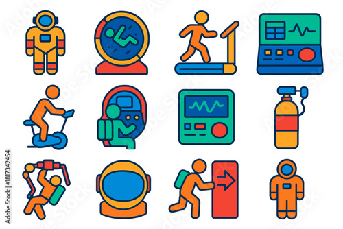 Astronaut Training Icons. Flat vector icons of astronaut training: space suit, zero-gravity chamber, treadmill, exercise bike,
